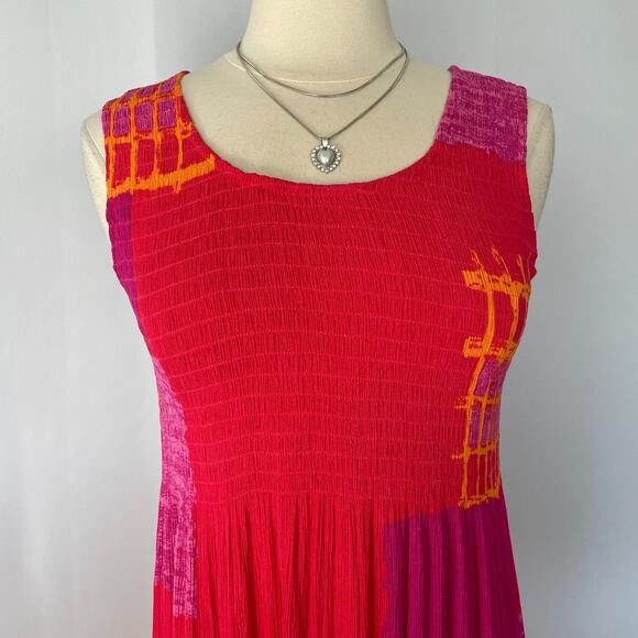 Boho Midi Dress Size Large Pink Patchwork Shirred Bodice Sleeveless Beachy - Picture 3 of 14